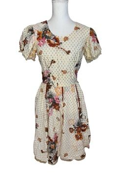 The Square Dance Dress Co Vintage Fit and Flare Midi Dress Cream Gold Floral 12